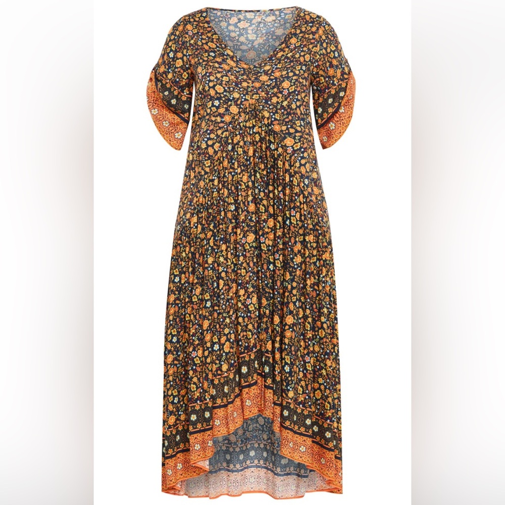 Cottagecore Black Orange Ditsy Floral Pleated Maxi Dress Tall Plus Size 26/28